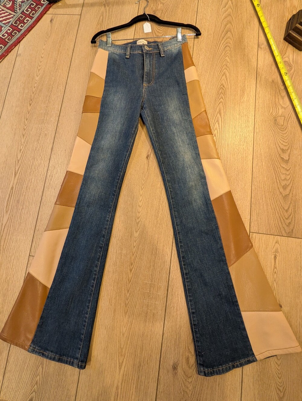 Alice + Olivia SB Vegan Leather Patchwork High Rise Wide Leg Flare Jeans Size 24